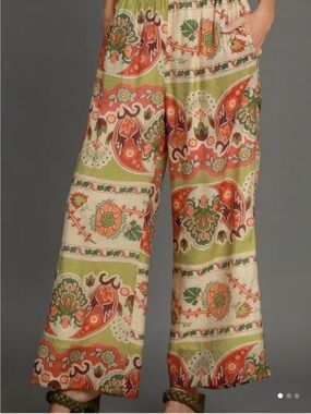 Umgee Cream, Coral & Green Boho Wide-Leg Palazzo Pants